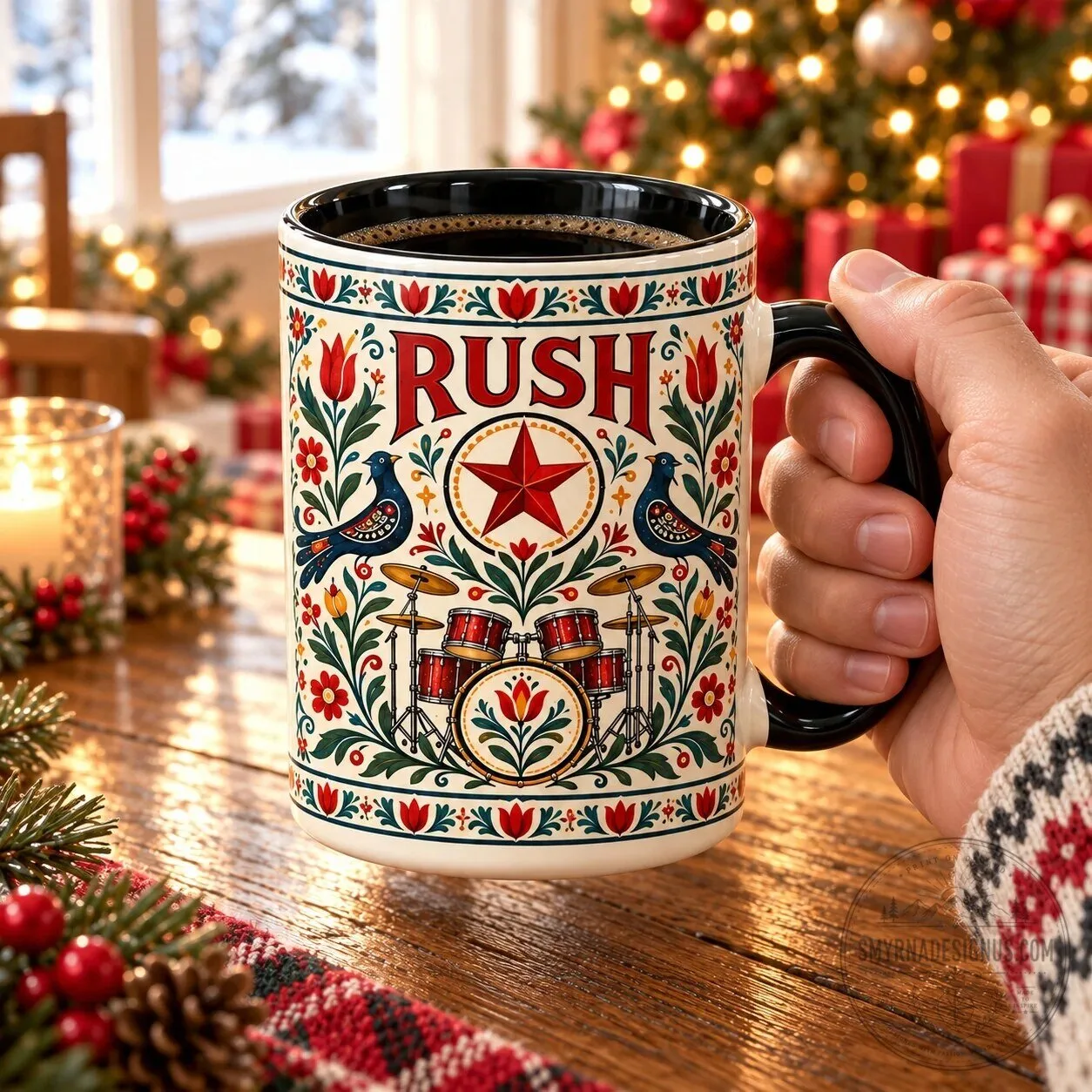 Rush Band Scandinavian Folk Art Style Ceramic Coffee Mug with Drum Kit Design 5 Rush Band Scandinavian Folk Art Style Ceramic Coffee Mug with Drum Kit Design