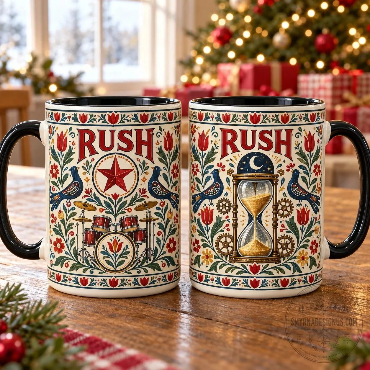 Rush Band Scandinavian Folk Art Style Ceramic Coffee Mug with Drum Kit Design 6 Rush Band Scandinavian Folk Art Style Ceramic Coffee Mug with Drum Kit Design