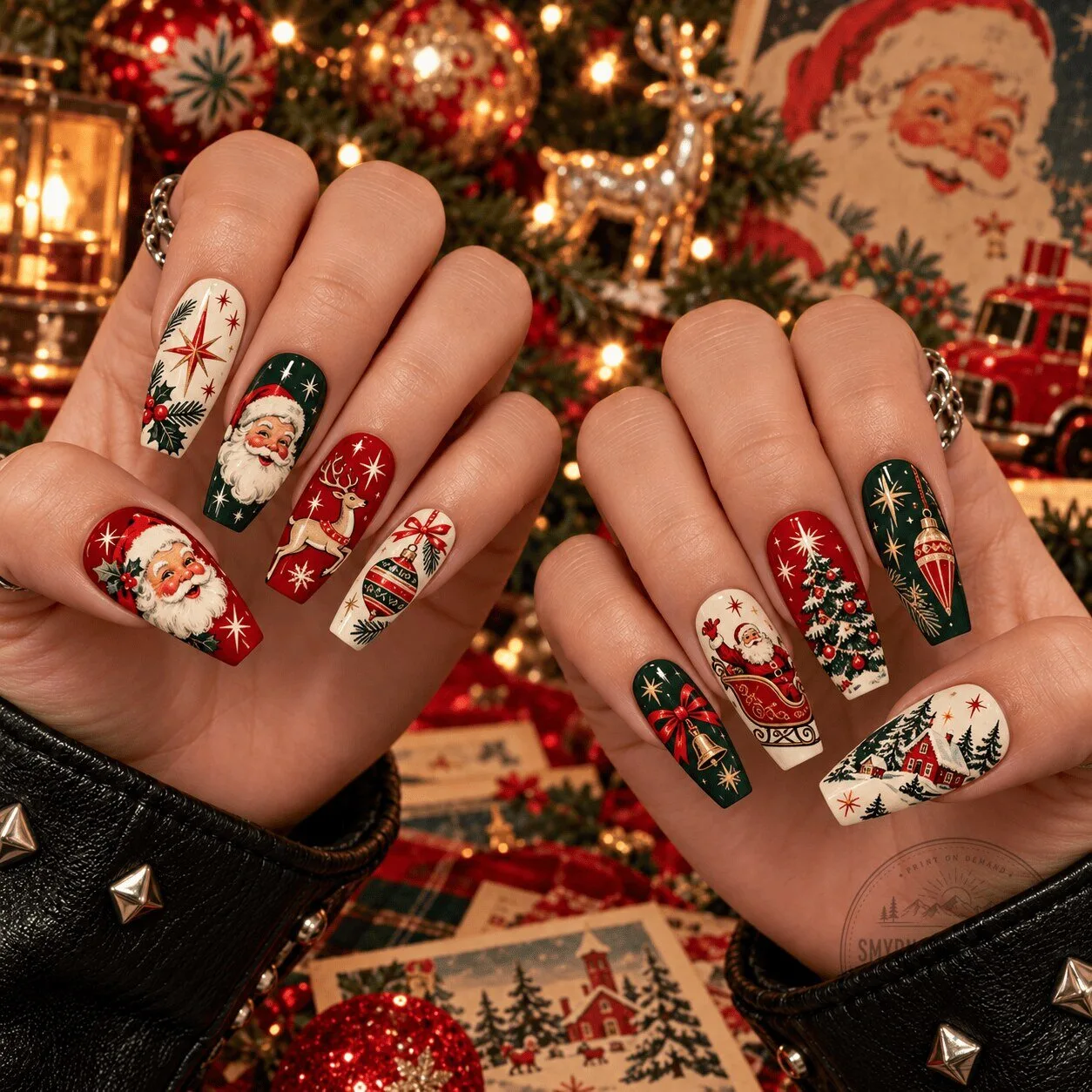 Festive Holiday Press-On Nail Set Featuring Vintage Santa Claus Design for Christmas Manicure