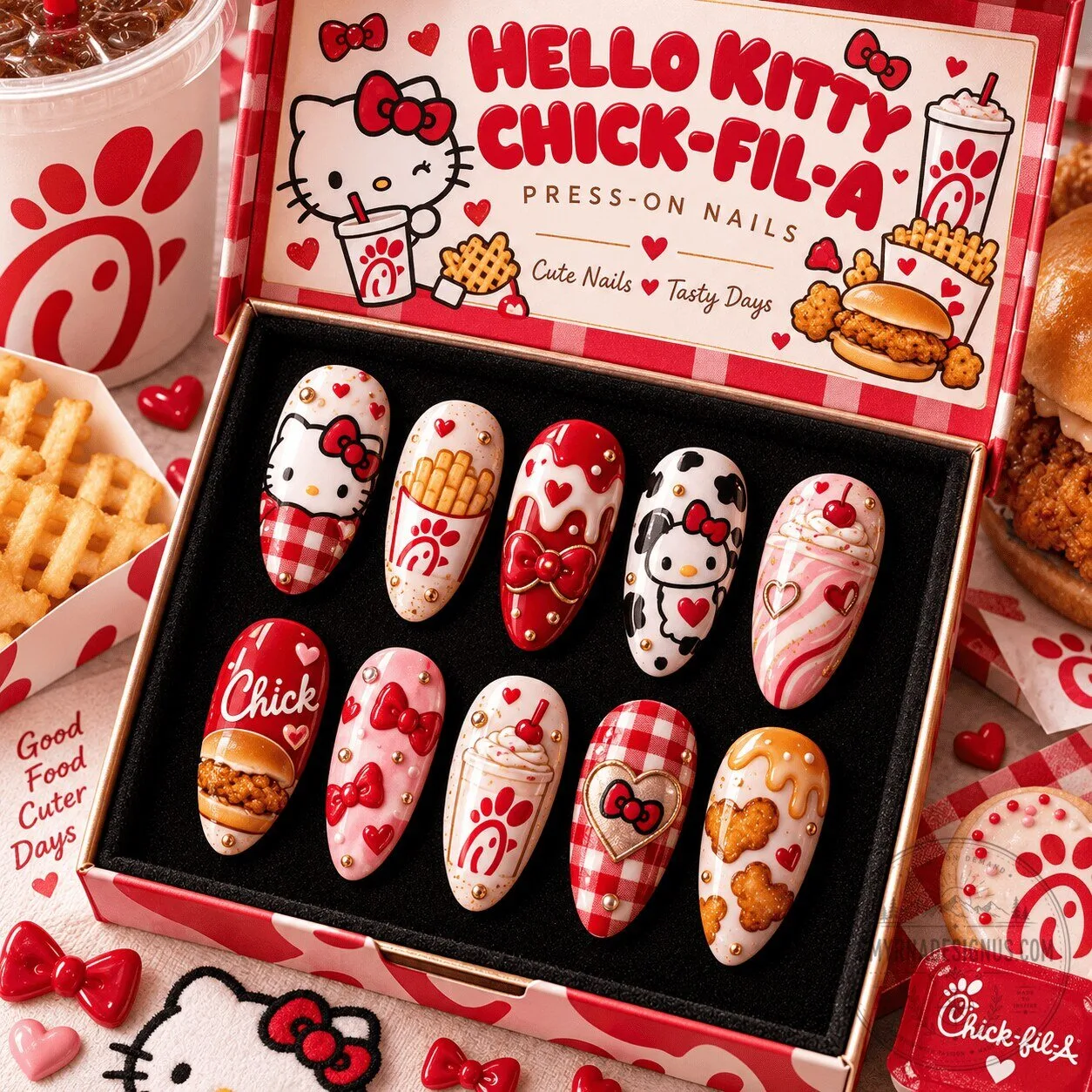 Hello Kitty Chick-fil-A Red Plaid Press-On Nails Set for Cute Food Fans