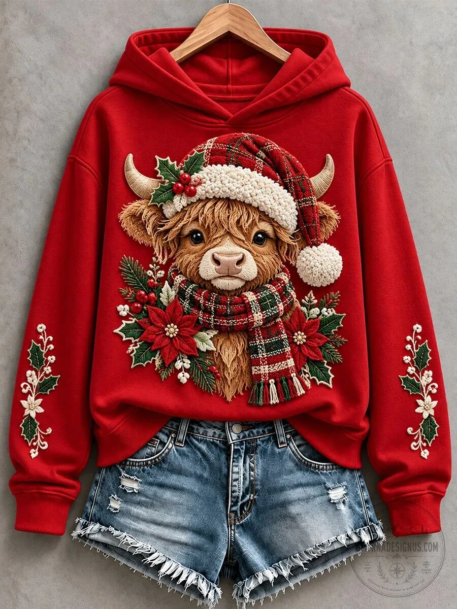 Christmas Highland Cow Holiday Hoodie with Santa Hat and Scarf