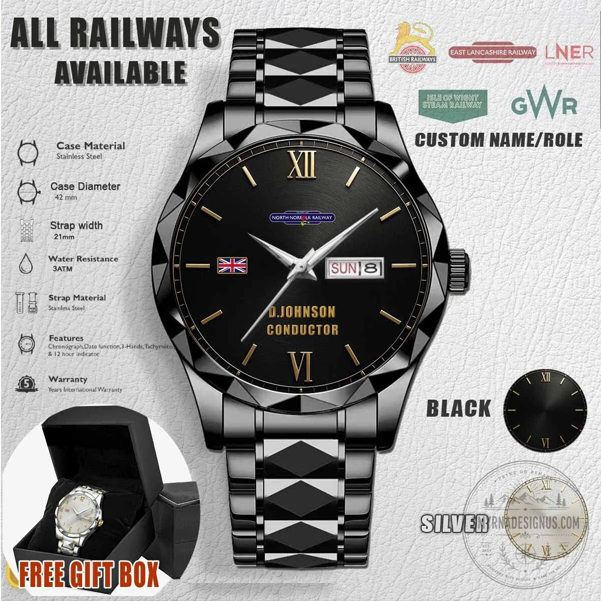 North Norfolk Railway Personalized Stainless Steel Watch with Custom Name and Role 3 North Norfolk Railway Personalized Stainless Steel Watch with Custom Name and Role