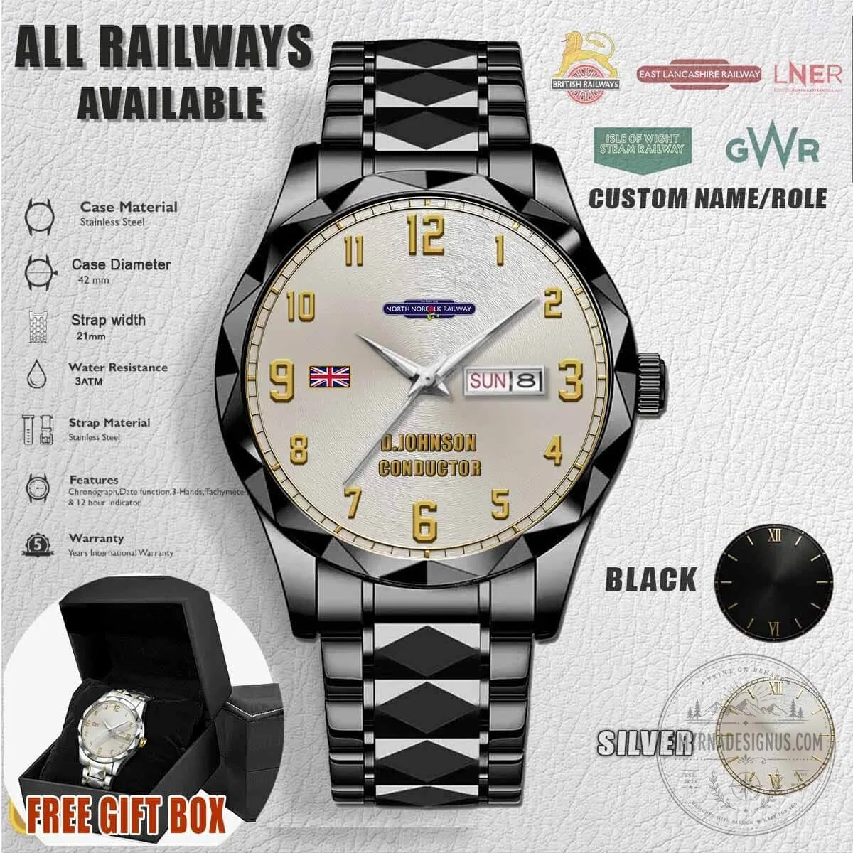 North Norfolk Railway Personalized Stainless Steel Watch with Custom Name and Role 4 North Norfolk Railway Personalized Stainless Steel Watch with Custom Name and Role