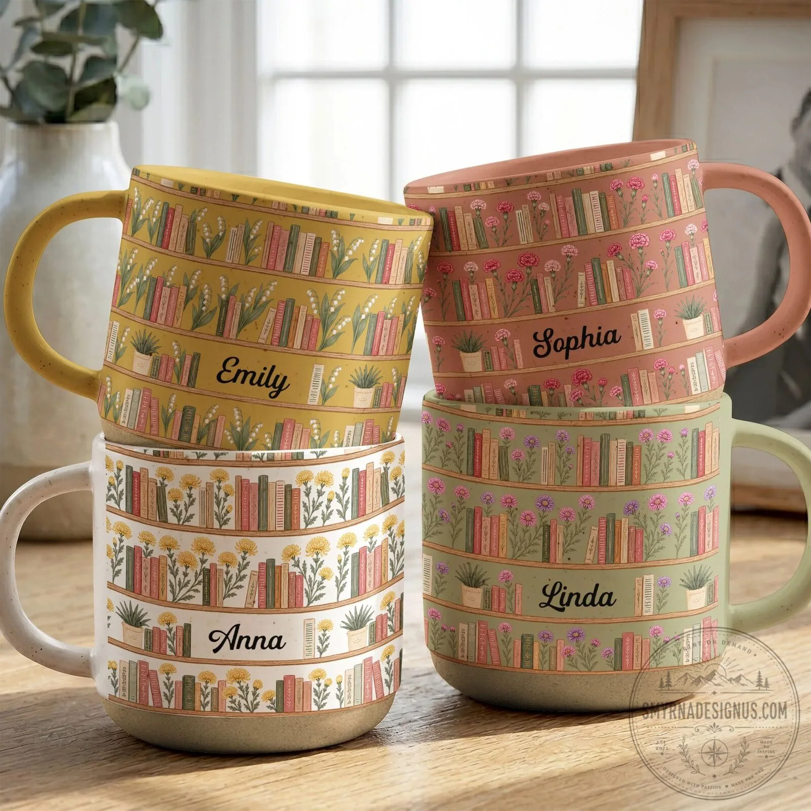 Personalized Birth Flower Bookshelf Mug for Book Lovers