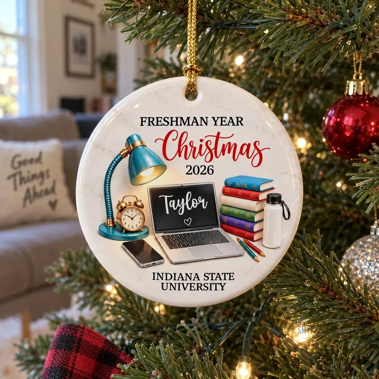 Indiana State University Freshman Year Christmas Study Desk Personalized Ornament