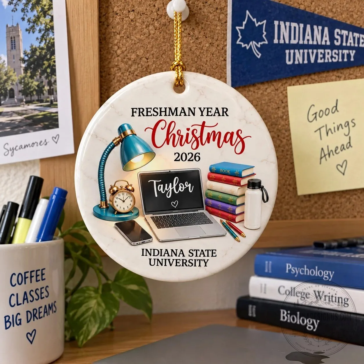 Indiana State University Freshman Year Christmas Study Desk Personalized Ornament 8 Indiana State University Freshman Year Christmas Study Desk Personalized Ornament