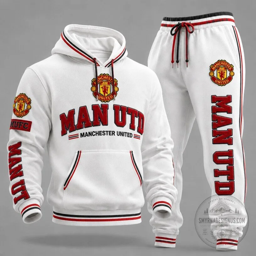 Manchester United Football Club White Hoodie and Jogger Pants Set