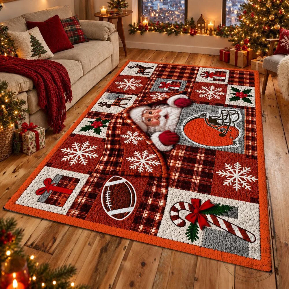 Cleveland Browns Christmas Santa Claus Football Holiday Plaid Area Rug