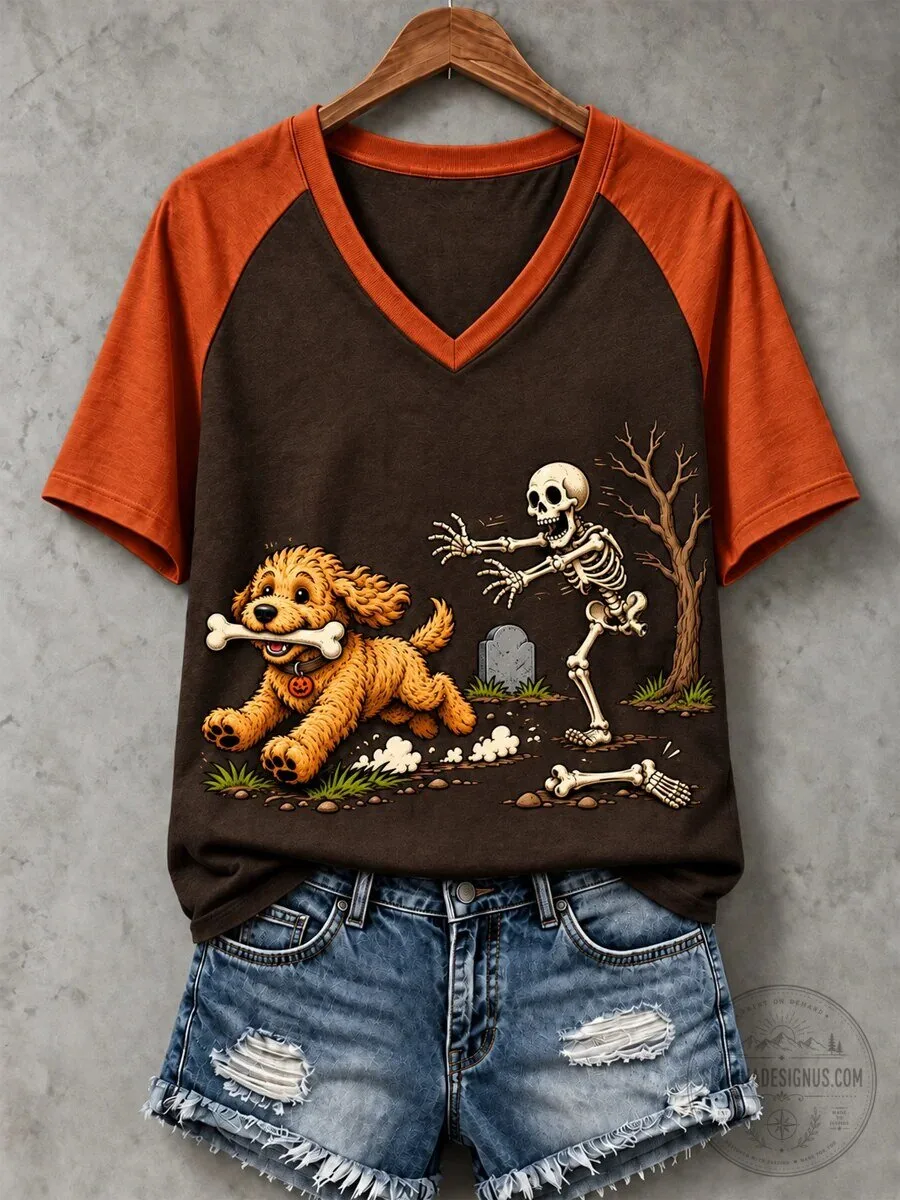 Halloween Skeleton Chasing Dog with Bone Funny Spooky V-Neck Raglan T-Shirt