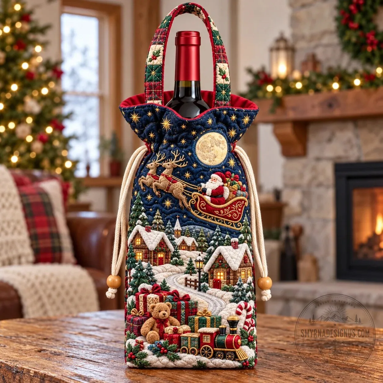 Santa Sleigh Ride Christmas Quilted Wine Bottle Carrier Bag