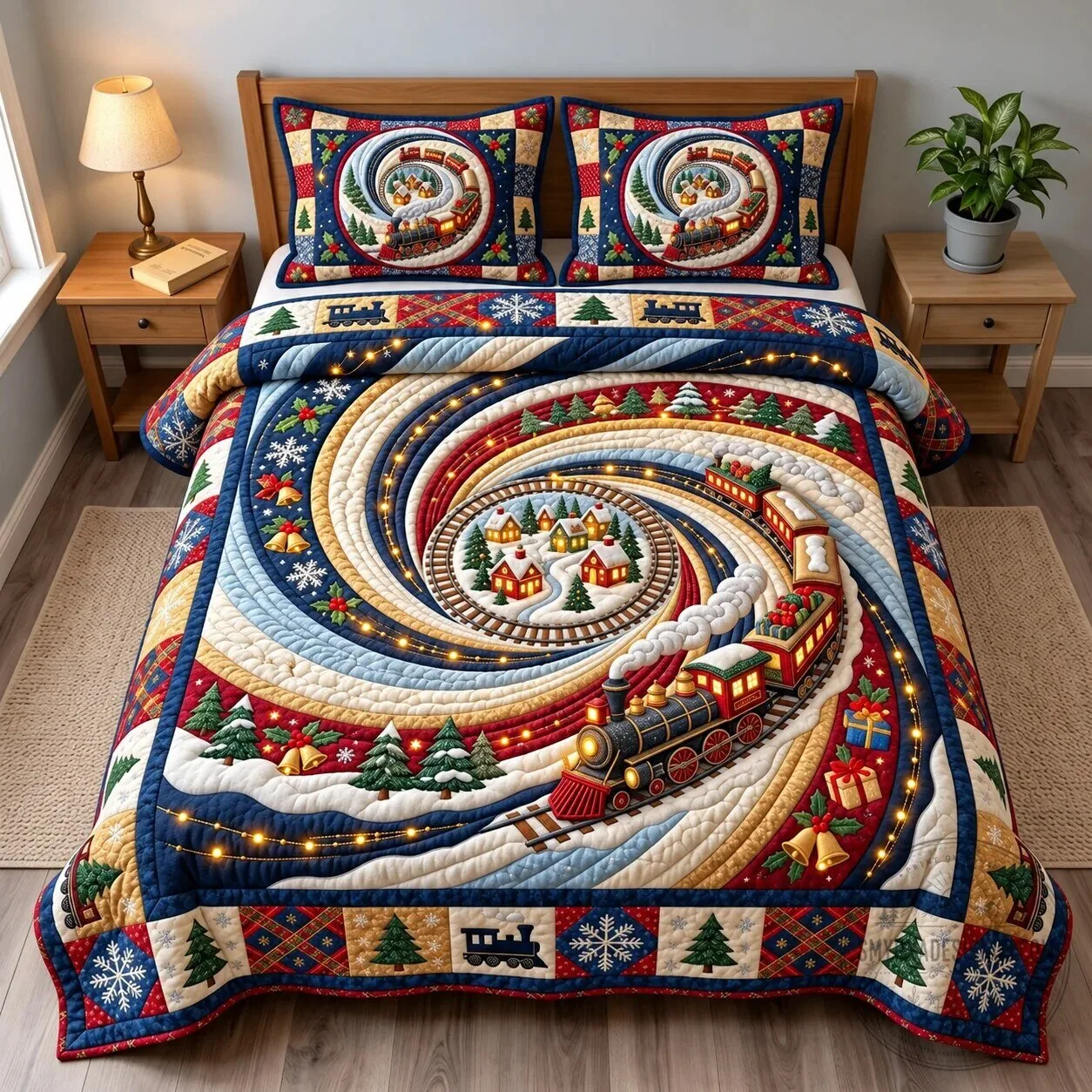 Christmas Train Vortex Quilted Bedding Set with Pillow Shams
