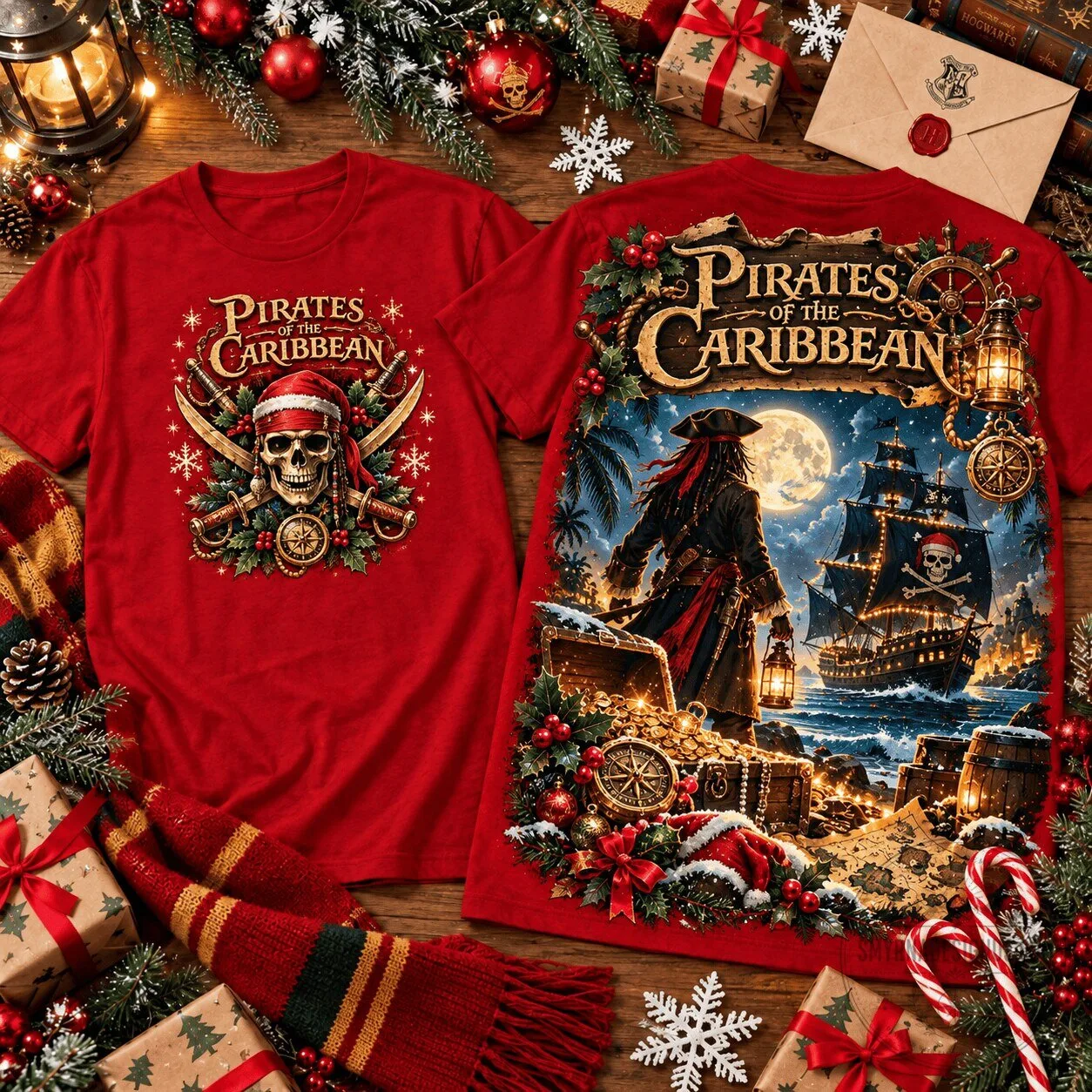 Holiday T-Shirt featuring Christmas Skull and Ship from Pirates of the Caribbean
