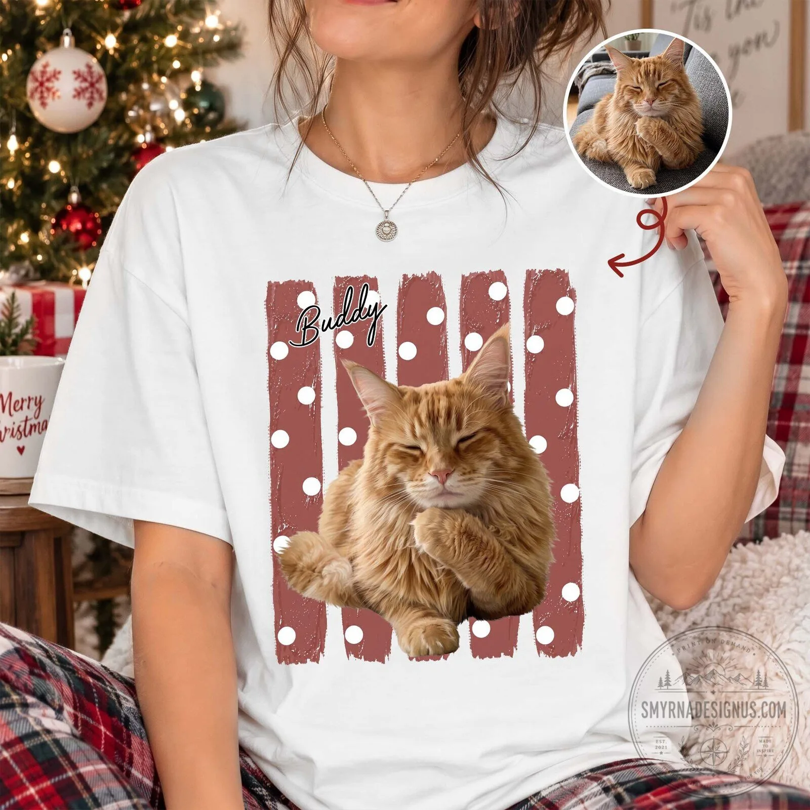 Custom Pet Portrait Striped Polka Dot Cat Lover T-Shirt 8 Custom Pet Portrait Striped Polka Dot Cat Lover T-Shirt