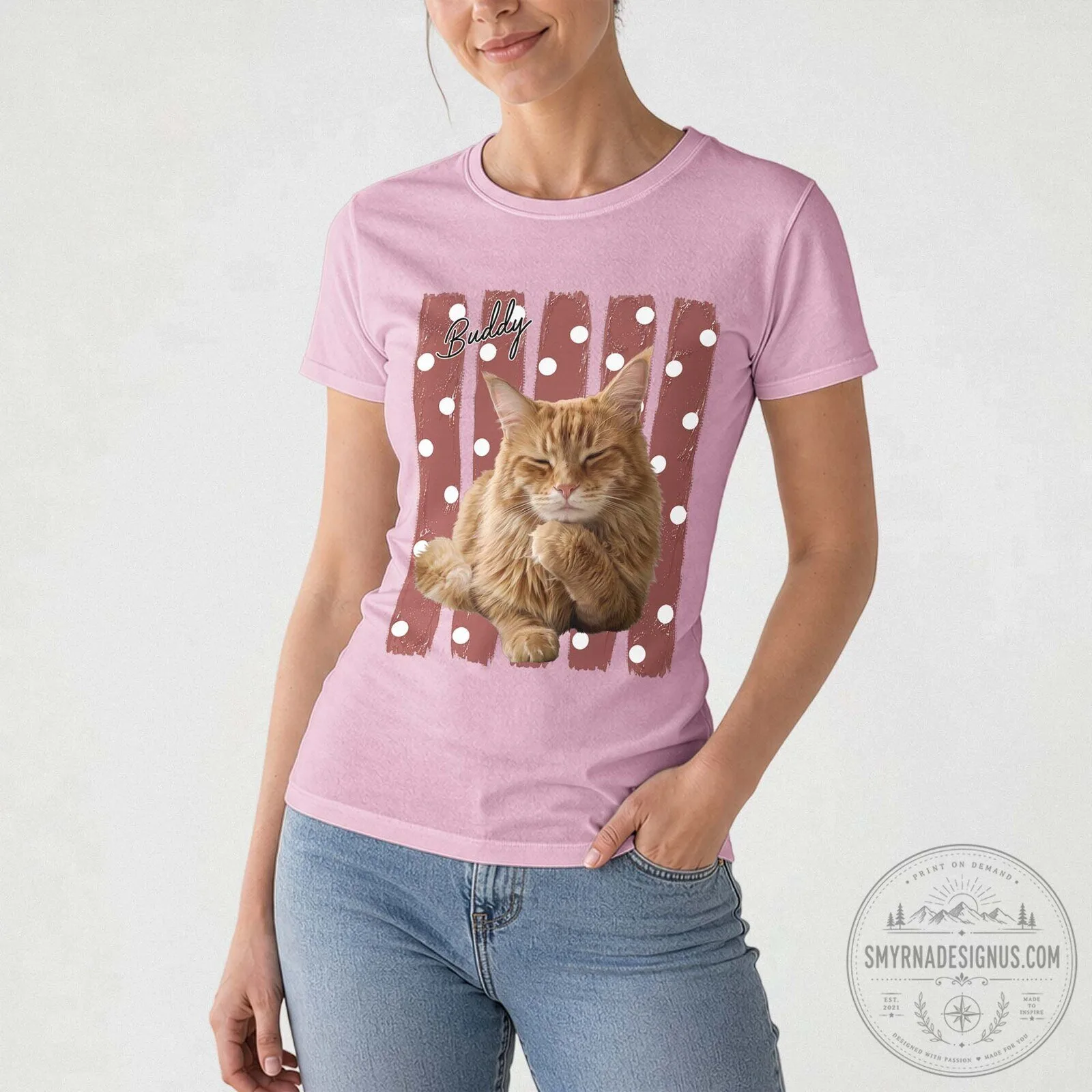 Custom Pet Portrait Striped Polka Dot Cat Lover T-Shirt 13 Custom Pet Portrait Striped Polka Dot Cat Lover T-Shirt