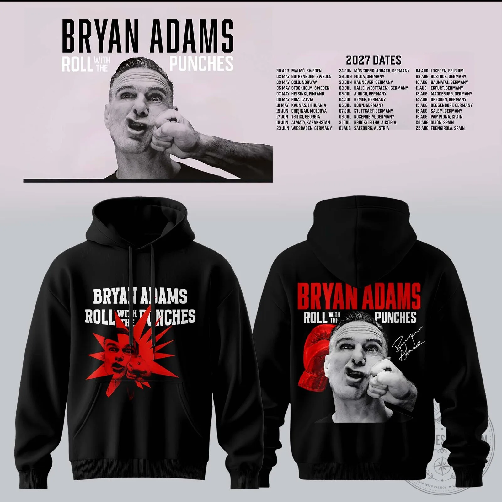 Bryan Adams Roll With The Punches Tour 2027 Concert Dates Black Hoodie
