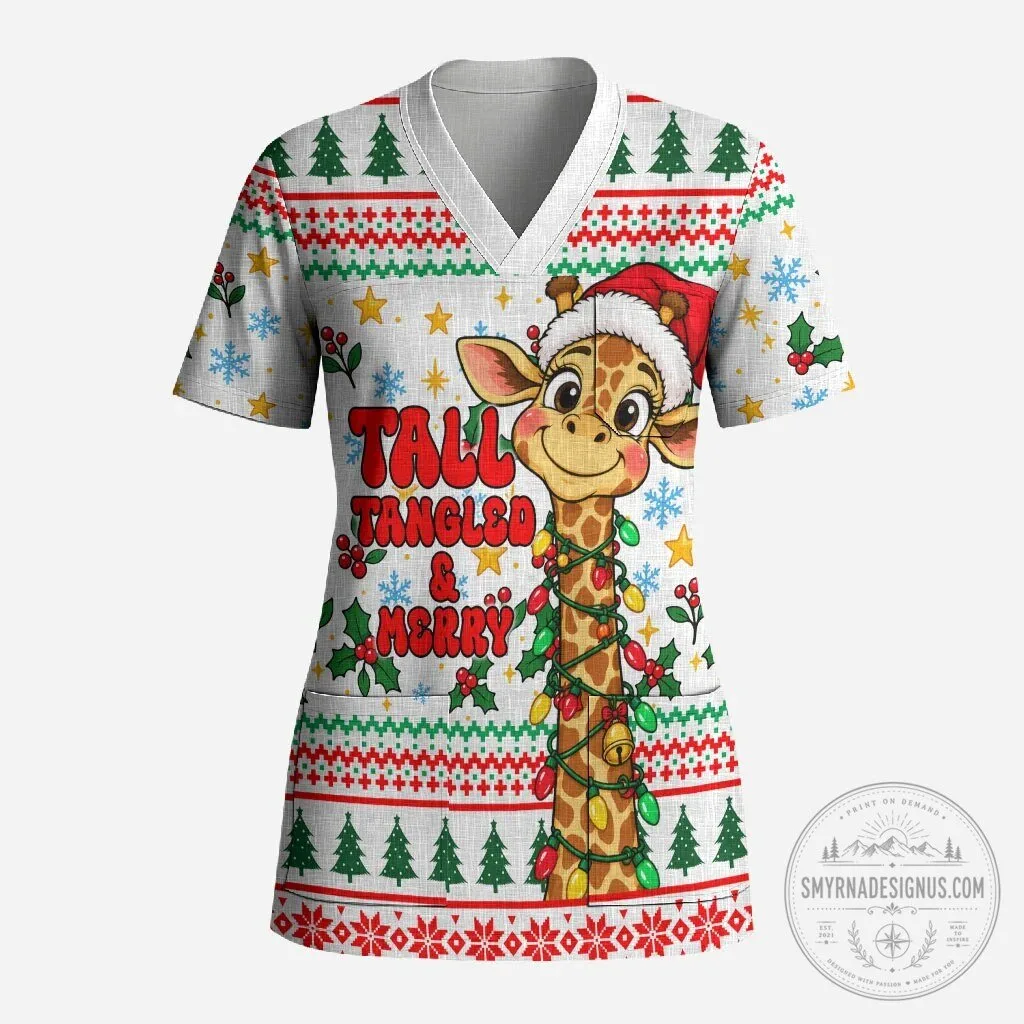 Cute Christmas Giraffe Lights Tall Tangled and Merry Holiday Scrub Top 4 Cute Christmas Giraffe Lights Tall Tangled and Merry Holiday Scrub Top