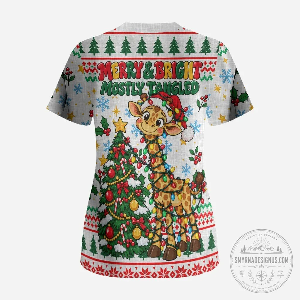 Cute Christmas Giraffe Lights Tall Tangled and Merry Holiday Scrub Top 5 Cute Christmas Giraffe Lights Tall Tangled and Merry Holiday Scrub Top