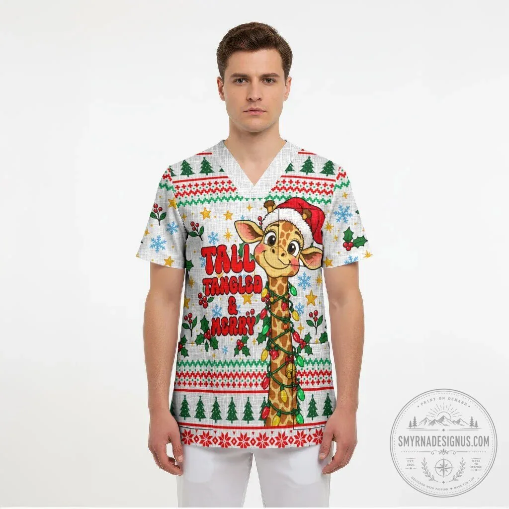 Cute Christmas Giraffe Lights Tall Tangled and Merry Holiday Scrub Top 7 Cute Christmas Giraffe Lights Tall Tangled and Merry Holiday Scrub Top