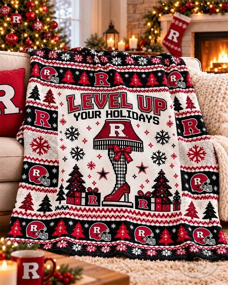 Rutgers Scarlet Knights Level Up Your Holidays Christmas Flannel Blanket