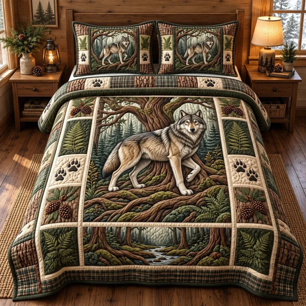 Rustic Wolf Forest Quilted Bedding Set Rustic Wolf Forest Quilted Bedding Set
