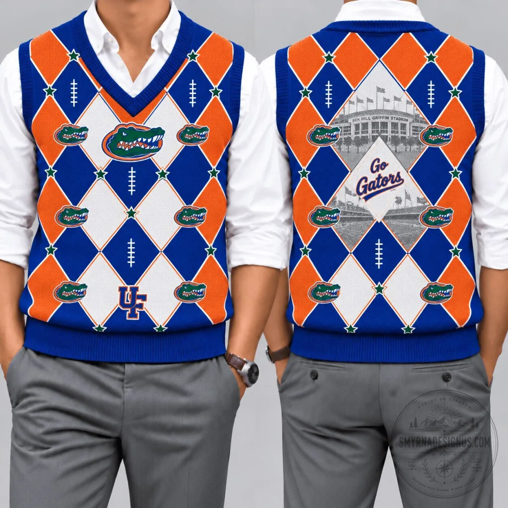 Florida Gators Argyle V-Neck Sleeveless Knit Sweater Vest for Football Fans Florida Gators Argyle V-Neck Sleeveless Knit Sweater Vest for Football Fans