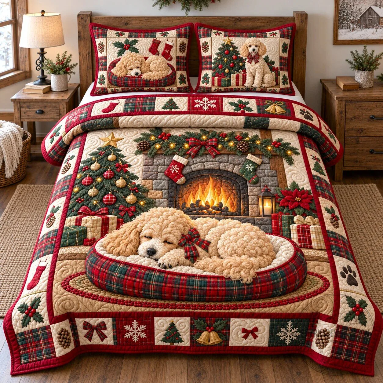 Sleeping Poodle Christmas Holiday Quilted Bedding Set