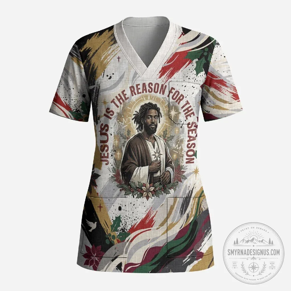 King Jesus is The Reason For The Season Black Christmas Scrub Top