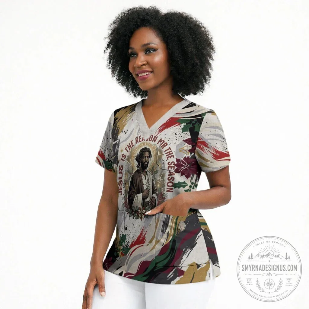 King Jesus is The Reason For The Season Black Christmas Scrub Top 6 King Jesus is The Reason For The Season Black Christmas Scrub Top