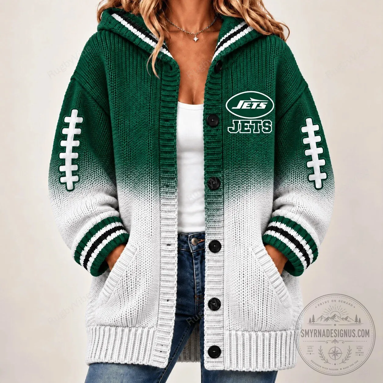 New York Jets Football Team Green Ombre Knitted Cardigan Hoodie