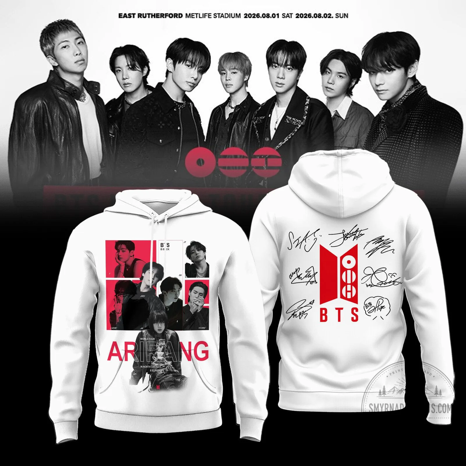 BTS Arirang World Tour 2026-2027 Concert White Hoodie with Signatures