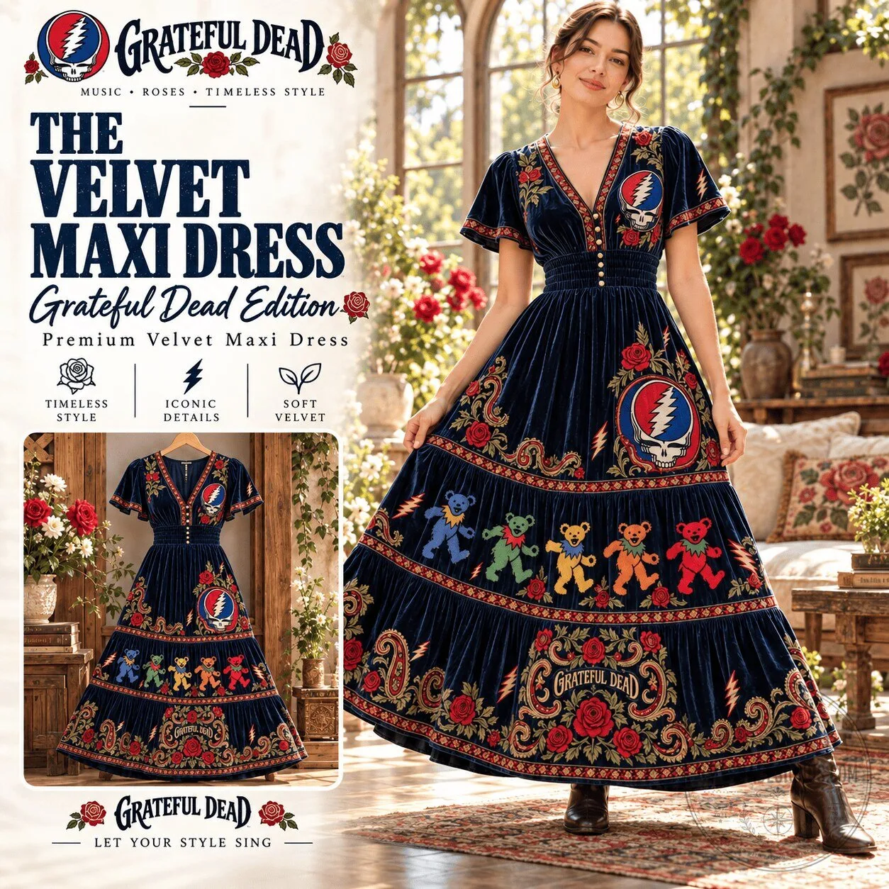 Grateful Dead Steal Your Face Roses Velvet Maxi Dress