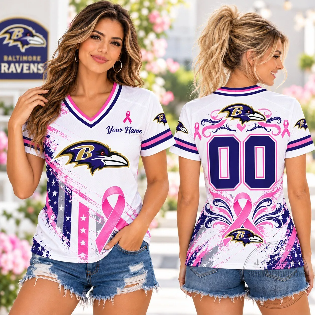 Baltimore Ravens Pink Ribbon Breast Cancer Awareness Football Fan V-Neck Jersey