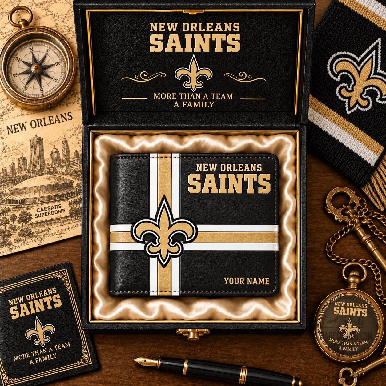 New Orleans Saints NFL Football Team Personalized Black and Gold Wallet