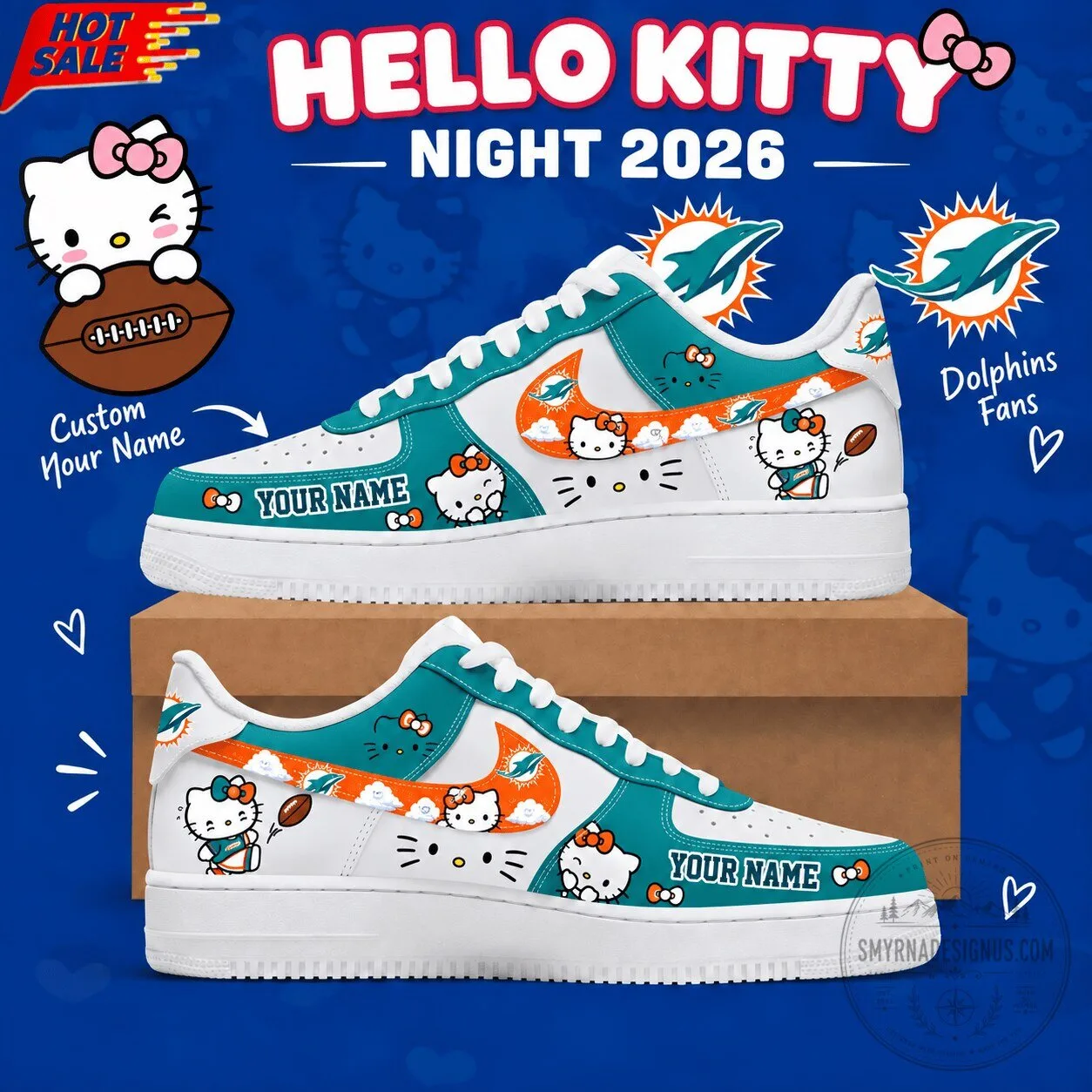 Miami Dolphins Hello Kitty Custom Name Low Top Sneakers