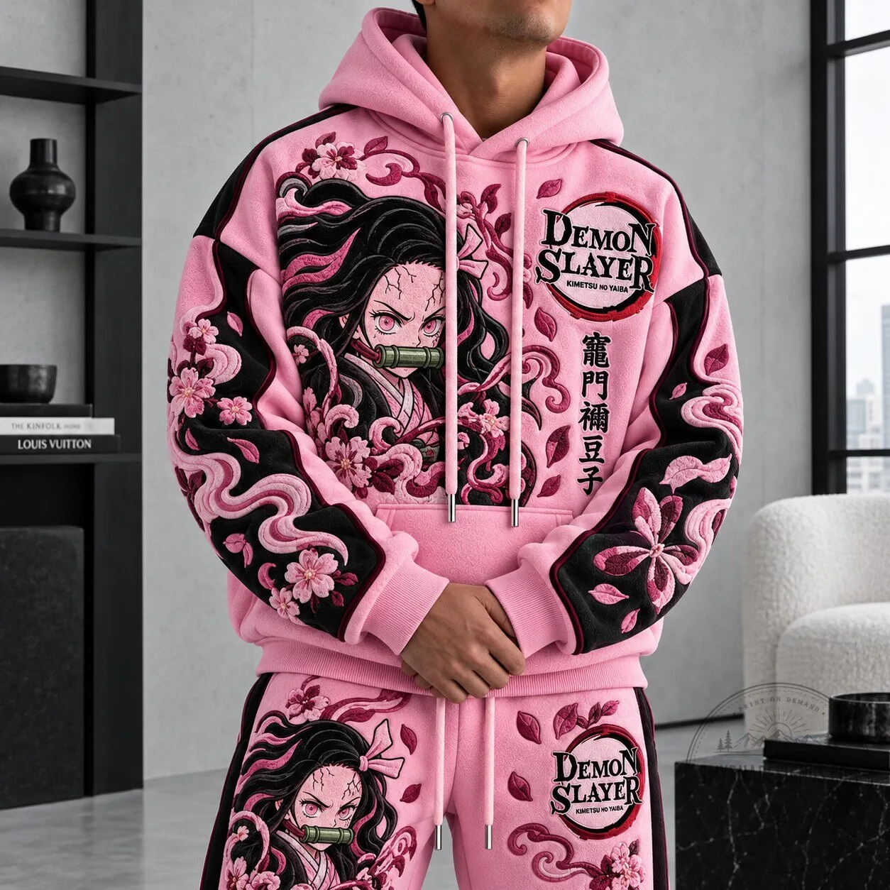 Demon Slayer Nezuko Kamado Embroidered Pink Hoodie