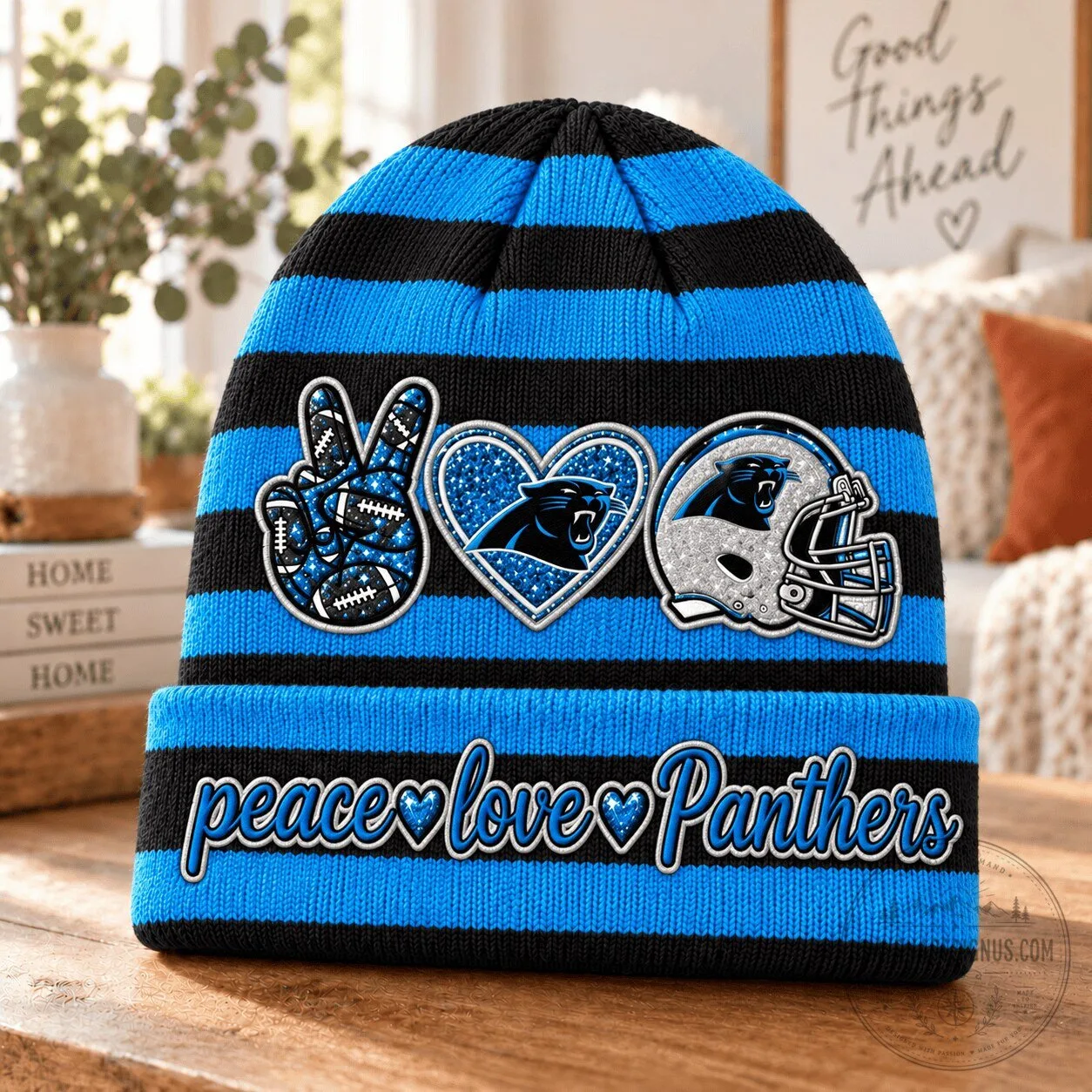 Carolina Panthers Peace Love Panthers NFL Football Team Beanie Hat