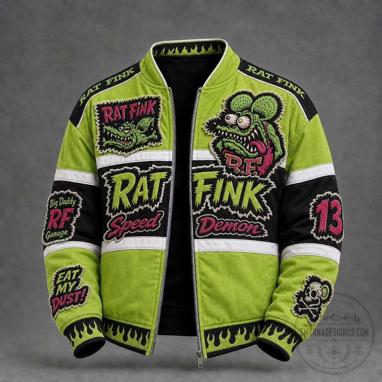 Rat Fink Hot Rod Streetwear Varsity Bomber Jacket 1 Rat Fink Hot Rod Streetwear Varsity Bomber Jacket
