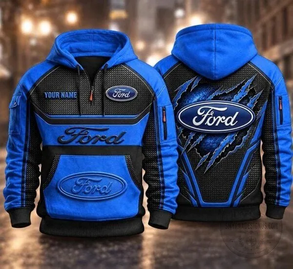 Ford Motor Company Personalized Blue Black Quarter Zip Hoodie 1 Ford Motor Company Personalized Blue Black Quarter Zip Hoodie