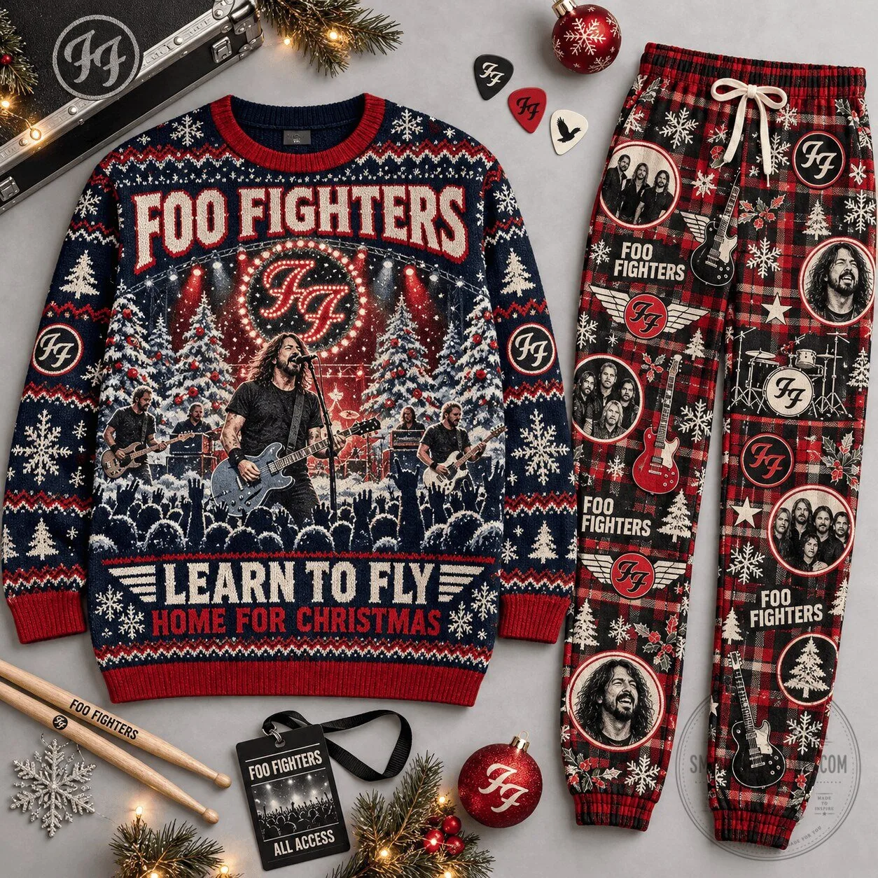 Foo Fighters Learn To Fly Home For Christmas Ugly Sweater And Pajamas Set