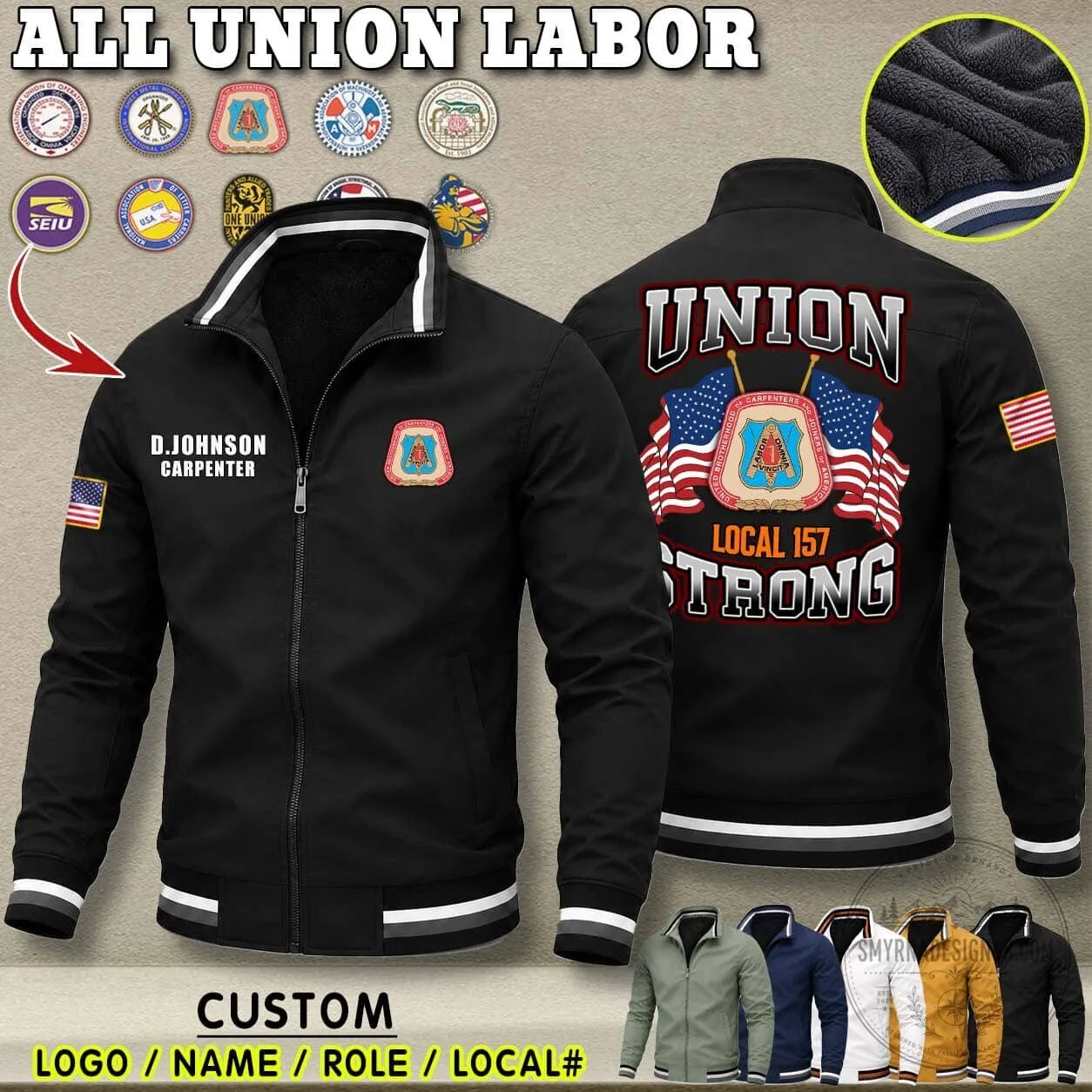 Union Labor Carpenter Local 157 Strong Dual Flag Fleece Lined Jacket