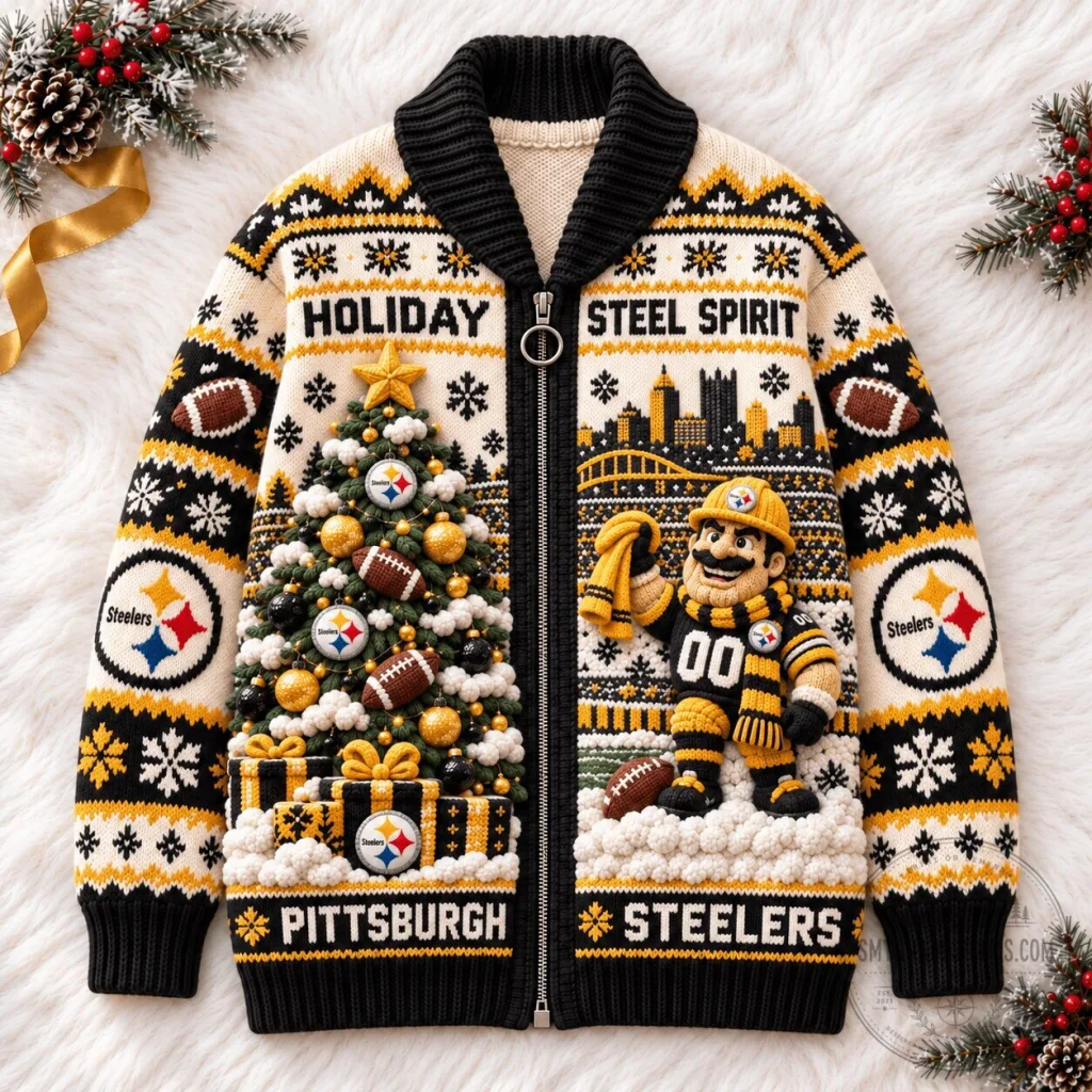 Pittsburgh Steelers Holiday Steel Spirit Ugly Christmas Sweater Cardigan Pittsburgh Steelers Holiday Steel Spirit Ugly Christmas Sweater Cardigan
