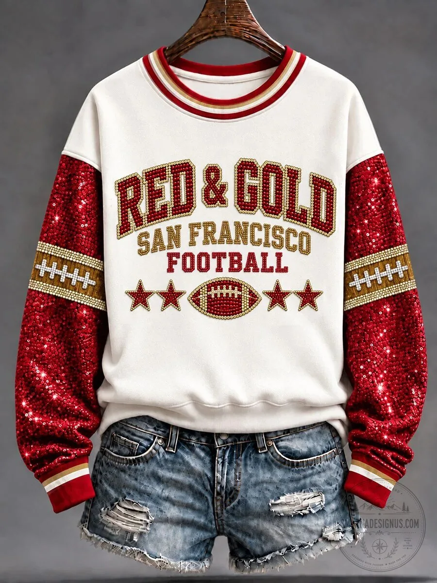 San Francisco Football Gameday Red and Gold Sequin Sleeve Sweatshirt