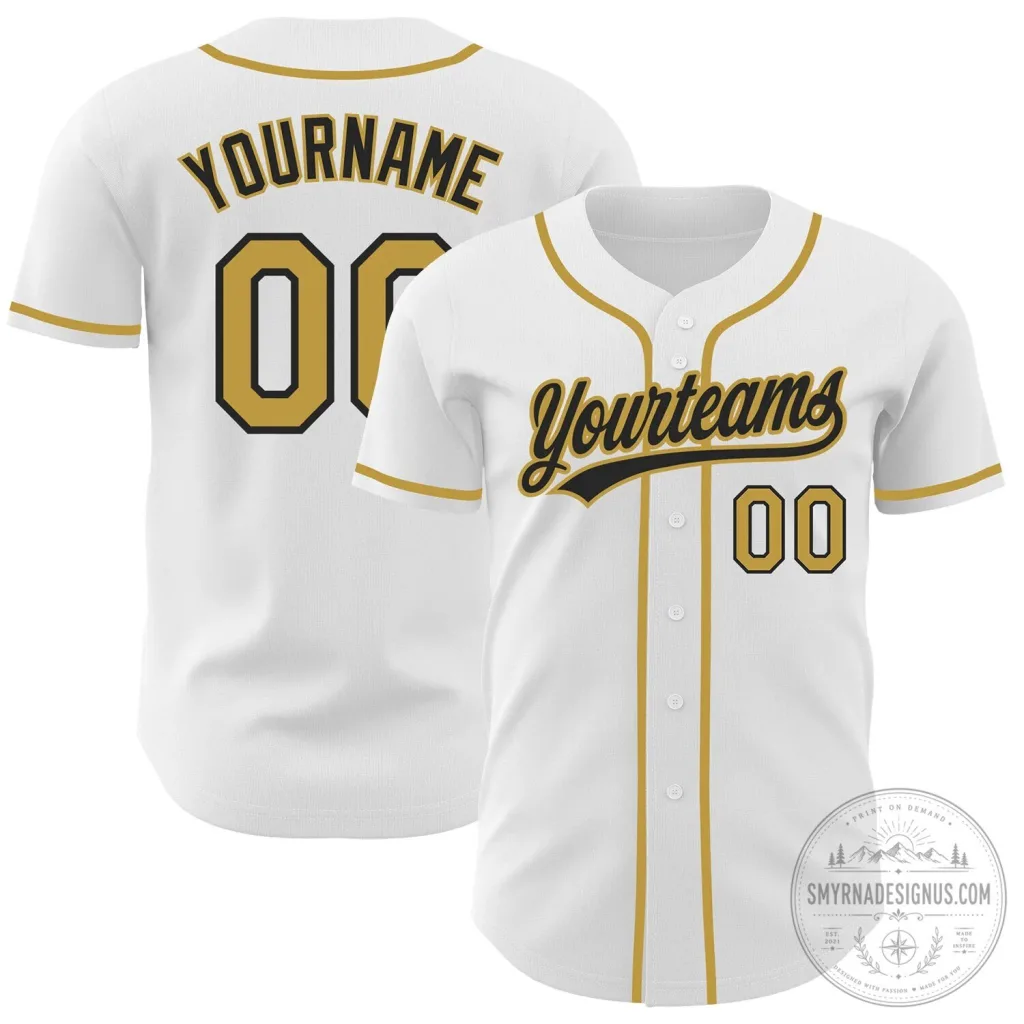 Custom White Old Gold Black Authentic Baseball Jersey with Personalized Name and Number Custom White Old Gold Black Authentic Baseball Jersey with Personalized Name and Number
