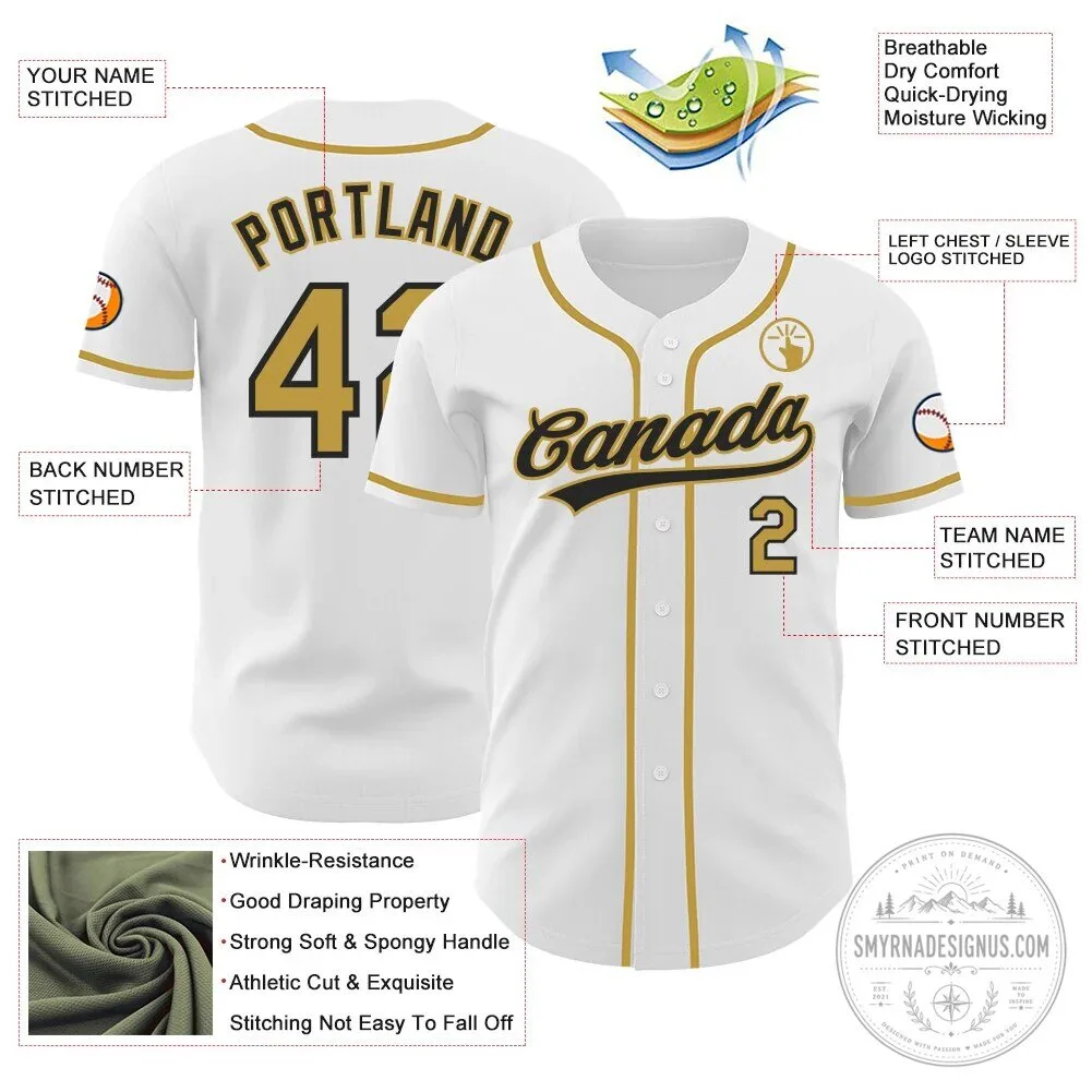 Custom White Old Gold Black Authentic Baseball Jersey with Personalized Name and Number 7 Custom White Old Gold Black Authentic Baseball Jersey with Personalized Name and Number