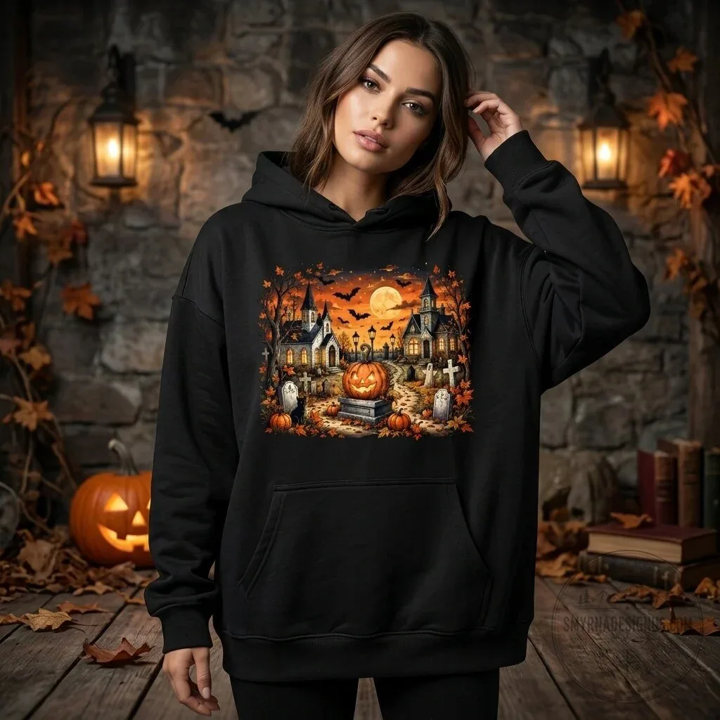 Spooky Halloween Graveyard Scene Pumpkin Full Moon Graphic Hoodie 1 Spooky Halloween Graveyard Scene Pumpkin Full Moon Graphic Hoodie
