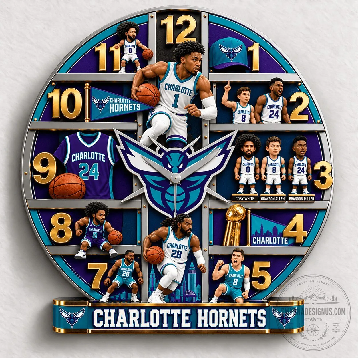 Charlotte Hornets NBA Basketball Team Player Roster Wall Clock for Sports Fans