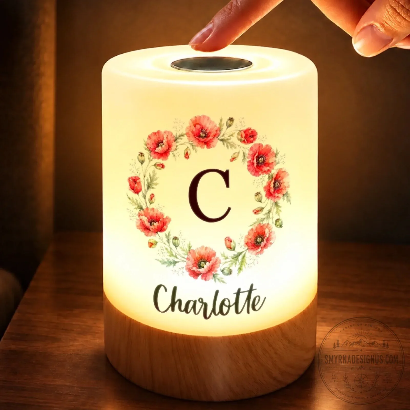 Personalized Floral Initial Night Light, Custom Name Poppy Flower Lamp