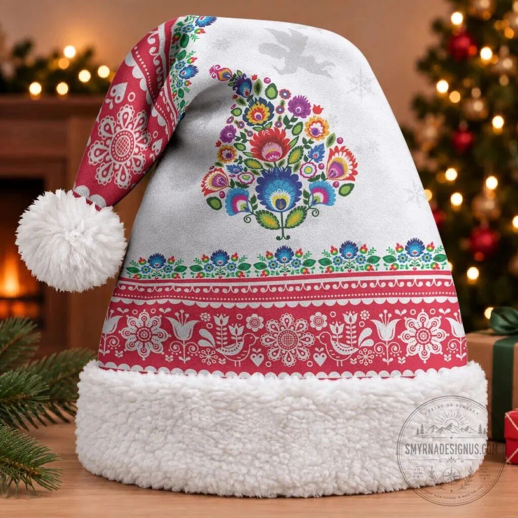 Polish Folk Art Christmas Santa Hat - Traditional Floral Holiday Cap