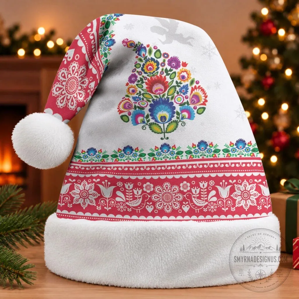 Polish Folk Art Christmas Santa Hat - Traditional Floral Holiday Cap 7 Polish Folk Art Christmas Santa Hat - Traditional Floral Holiday Cap