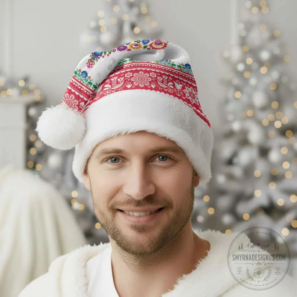 Polish Folk Art Christmas Santa Hat - Traditional Floral Holiday Cap 11 Polish Folk Art Christmas Santa Hat - Traditional Floral Holiday Cap
